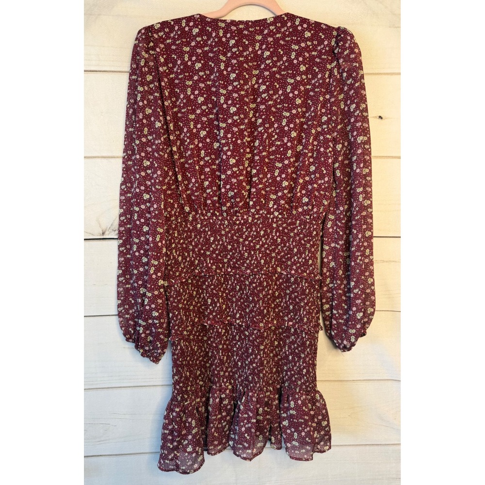 Lush Womens Berry Floral Smocked Mini Dress Long Sleeve V-Neck LD44335-FCI L - Picture 5 of 5